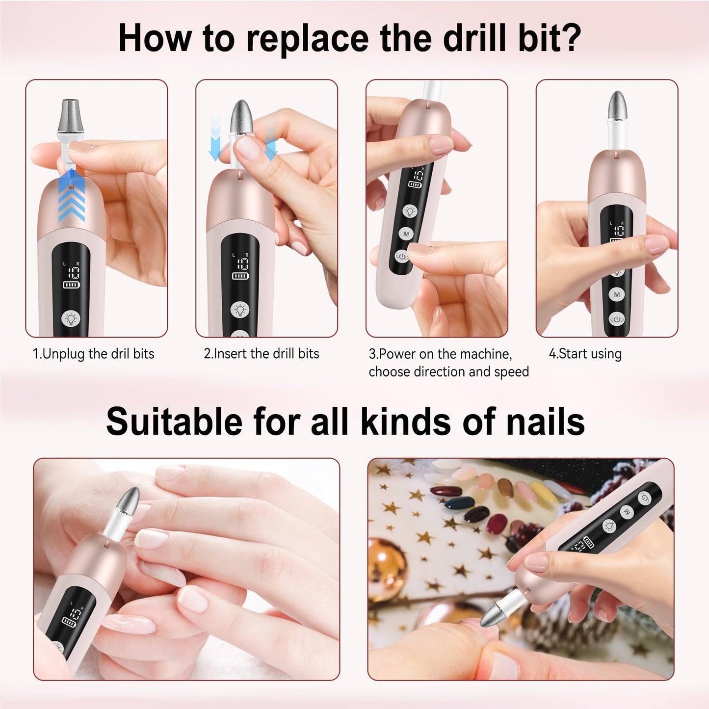 Atopskins Electric Nail Drill Cordless Nail File Professional Manicure Pedicure Kit, 9 in 1 Hand Foot Rechargeable Care Tool, 10 Speeds Electric Nail File Grinder for Thick Toenail Trim Polish Pink