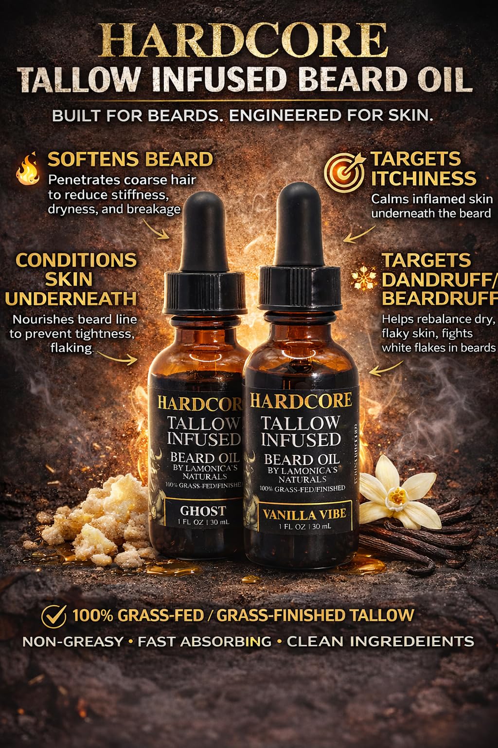 LAMONICA'S NATURALS Beard Oil for Men –TALLOW-INFUSED, Softens & Moisturizes Beard – Organic Sanadalwood + USDA Vanilla Scent – Veteran-Owned Grooming – HARDCORE