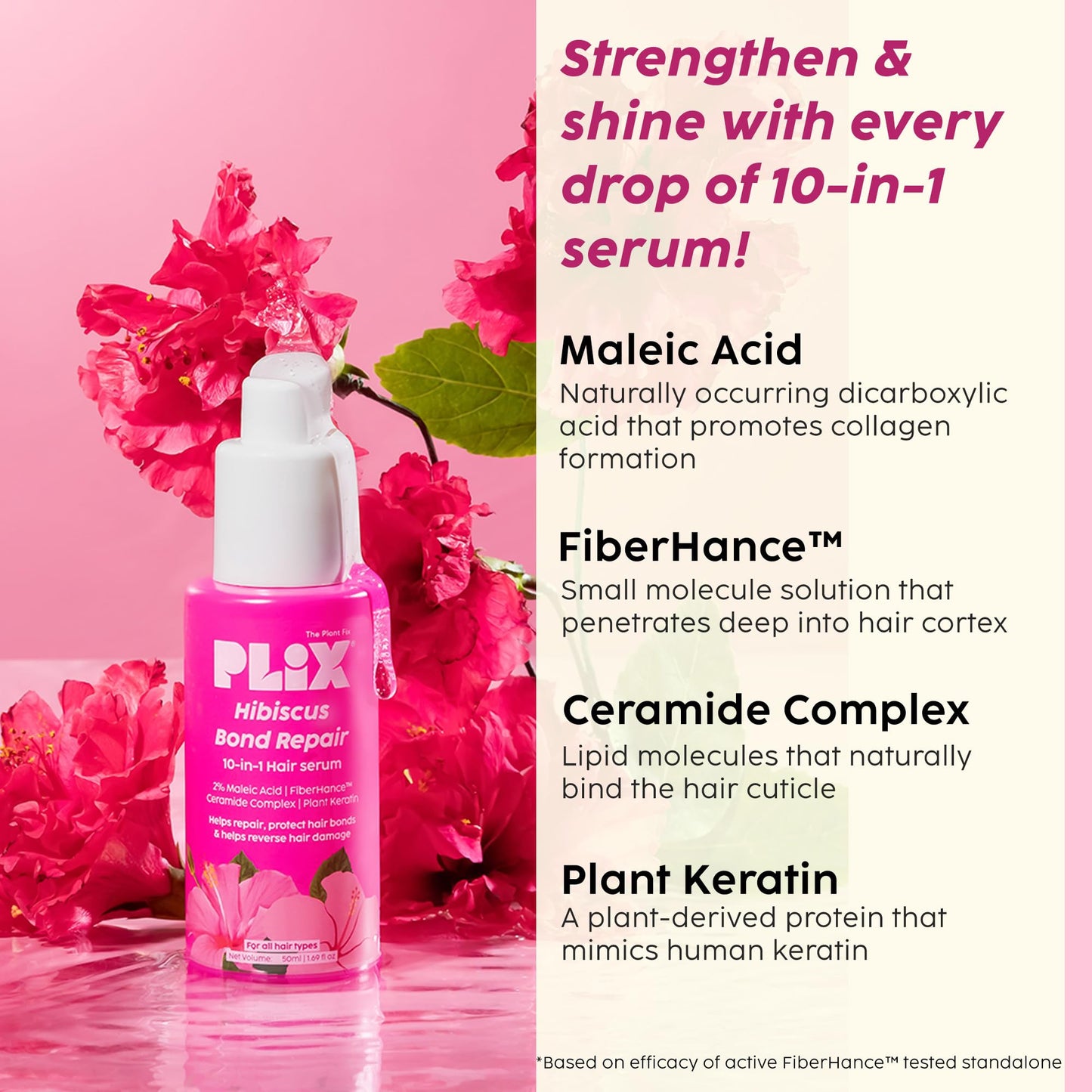 Plix Hibiscus 10-in-1 Bond Repair Hair Serum for Reduced Breakage & Nourished Strands, 1.69 fl oz
