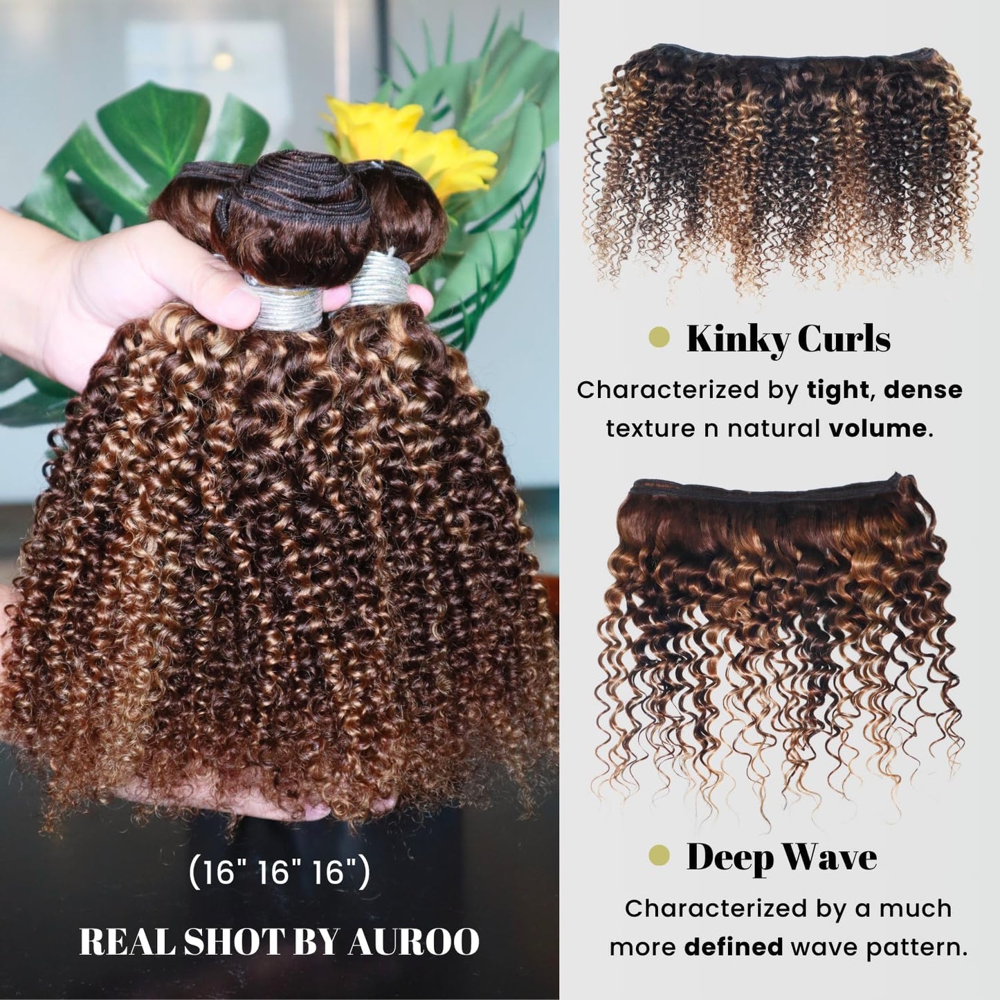 AUROO #P4/27 Highlighted Kinky Curly Single Bundles Human Hair 12Inch, 12A 100% Virgin Honey Blonde Highlight Brazilian Tight Curly Bundles Thick Track Brazilian Ombre Brown Colored Weaves Sew In Remy