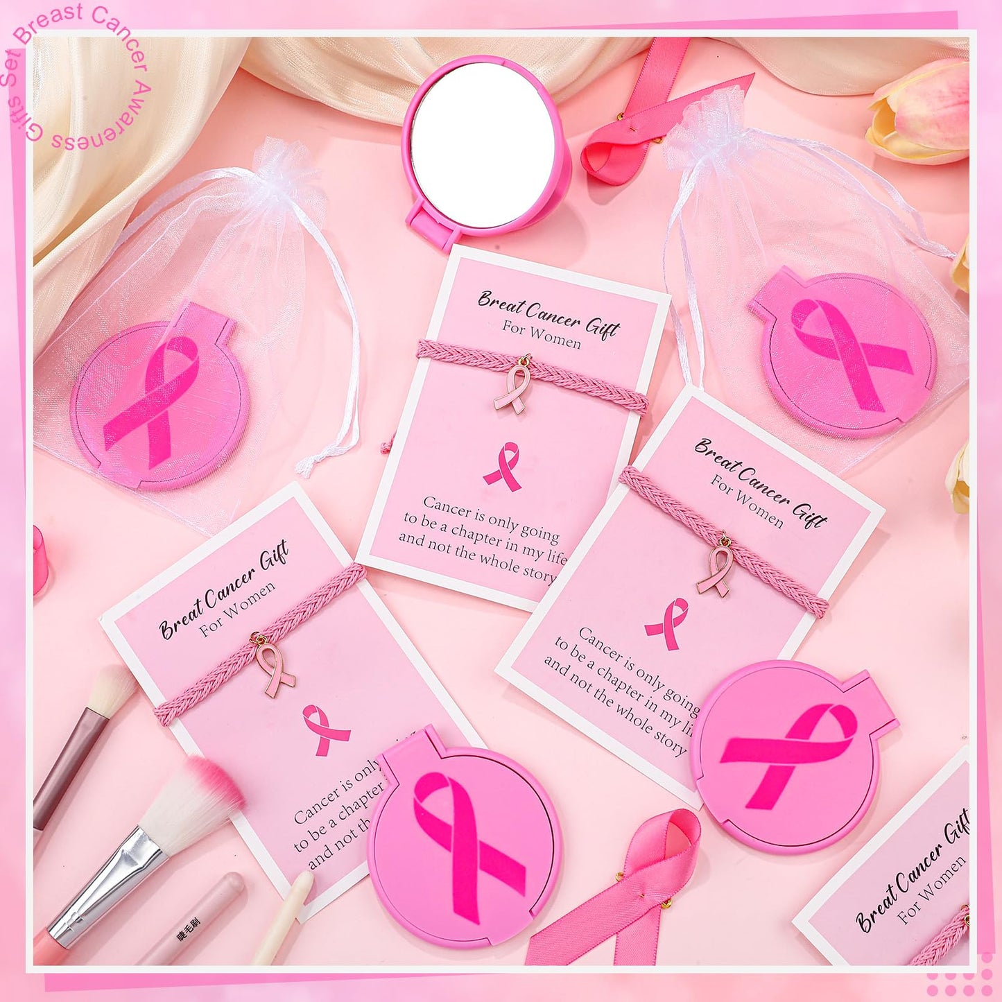 Geetery 72 Pcs Breast Cancer Awareness Gifts Set for Women Compact Folding Mirrors, Pink Ribbon Bracelets, Organza Bags for Breast Cancer Charity Event Survivor Campaign Party Accessories(Pink)