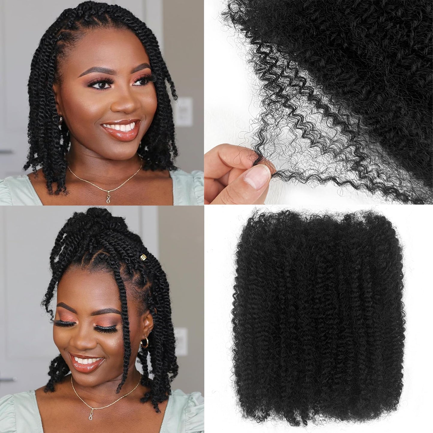 Paraglame Afro Kinky Bulk Human Hair Natural Black Afro Kinky-Curly Human Hair Bulk For Mini Twist Raw Virgin Texture 8 Inch Unprocessed Extension for Braiding(2Bundles, 8 Inch)