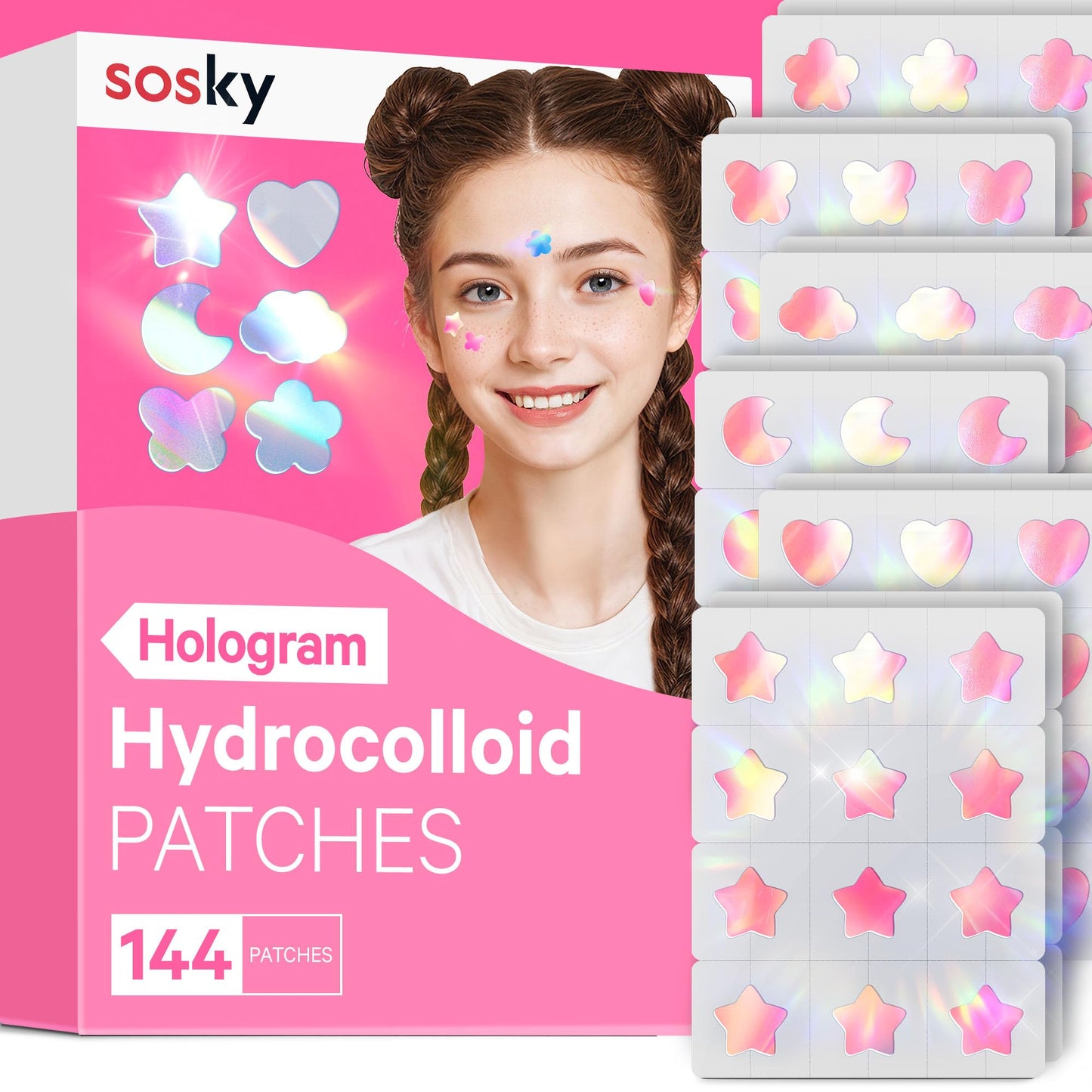 Sosky Hologram Pimple Patches for Face, Hydrocolloid Acne Patches with Salicylic Acid, Cute Star Zit Stickers,Colorful Blemish Covers,144 Count Pink Star Heart Moon Cloud Butterfly Flower