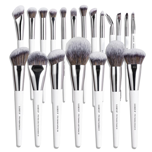 LORYP Makeup Brush Set Professional Synthetic Vegan for Beginners Gift Home Daily Use with Storage Pouch No Shedding No Scratch Face & Eye Brush White 20 Pcs