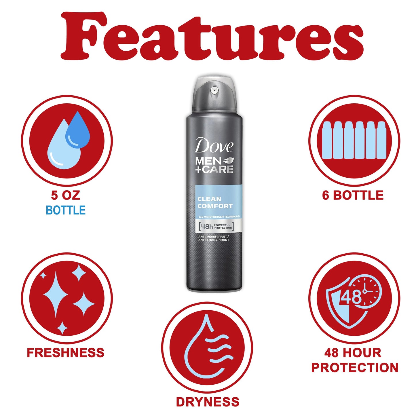 Dove Men + Care Antiperspirant Deodorant Spray, 6 Pack, 48H Protection, Long-Lasting Clean Comfort Scent, Soothes & Moisturises Skin, 5 oz. Each