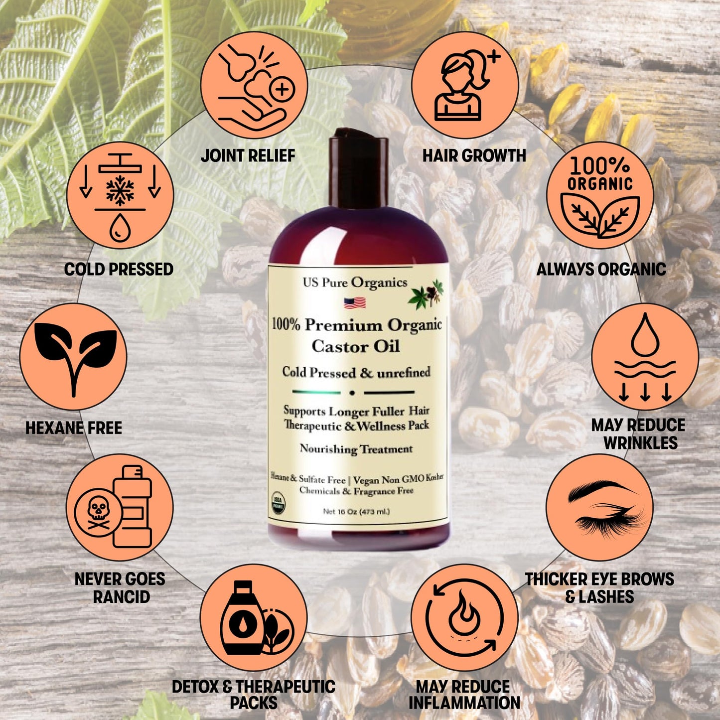 UsPureOrganics Premium Organic Castor Oil Cold Pressed Unrefined For Skin Scalp Hair Growth Eyelashes & Eyebrows, Therapeutic & Detox. Hexane & Chemicals Free 16Oz