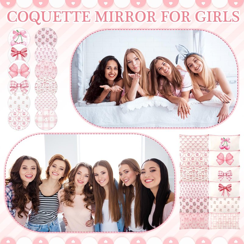 Chunful 12 Sets Coquette Bow Party Favors Includs Bow Canvas Makeup Bags with Zipper and Round Mini Compact Mirror for Women Baby Shower Quinceanera Girl Night Party Favors(Pink,Cute)