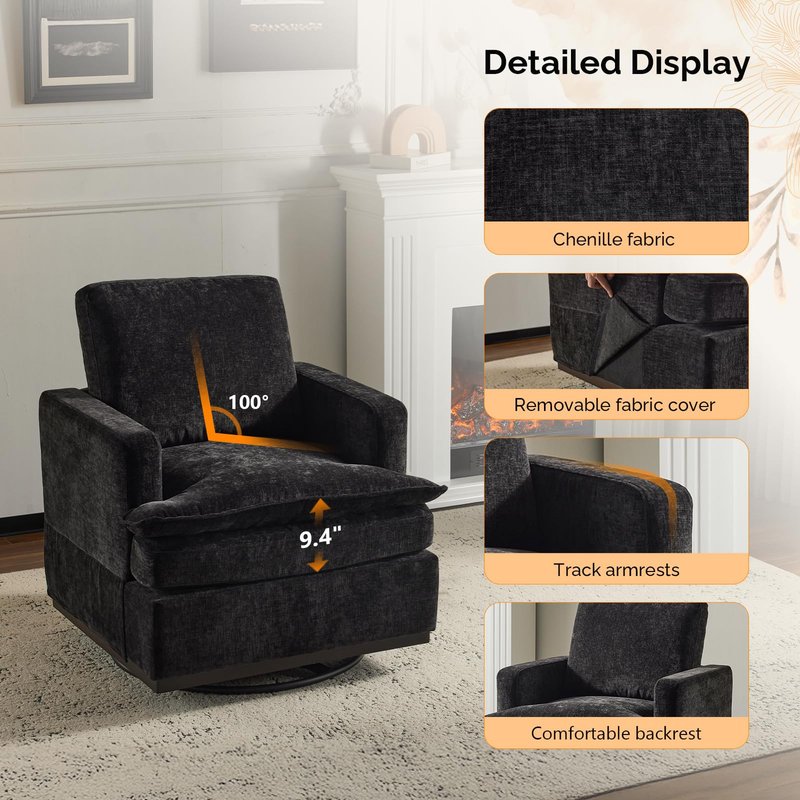 VINGLI 360° Swivel Accent Chair with Double-Layer Seat Cushions, Comfy Single Square Sofa Armchair, Upholstered Club Chair for Living Room,Bedroom, Reading Room, Chenille Black