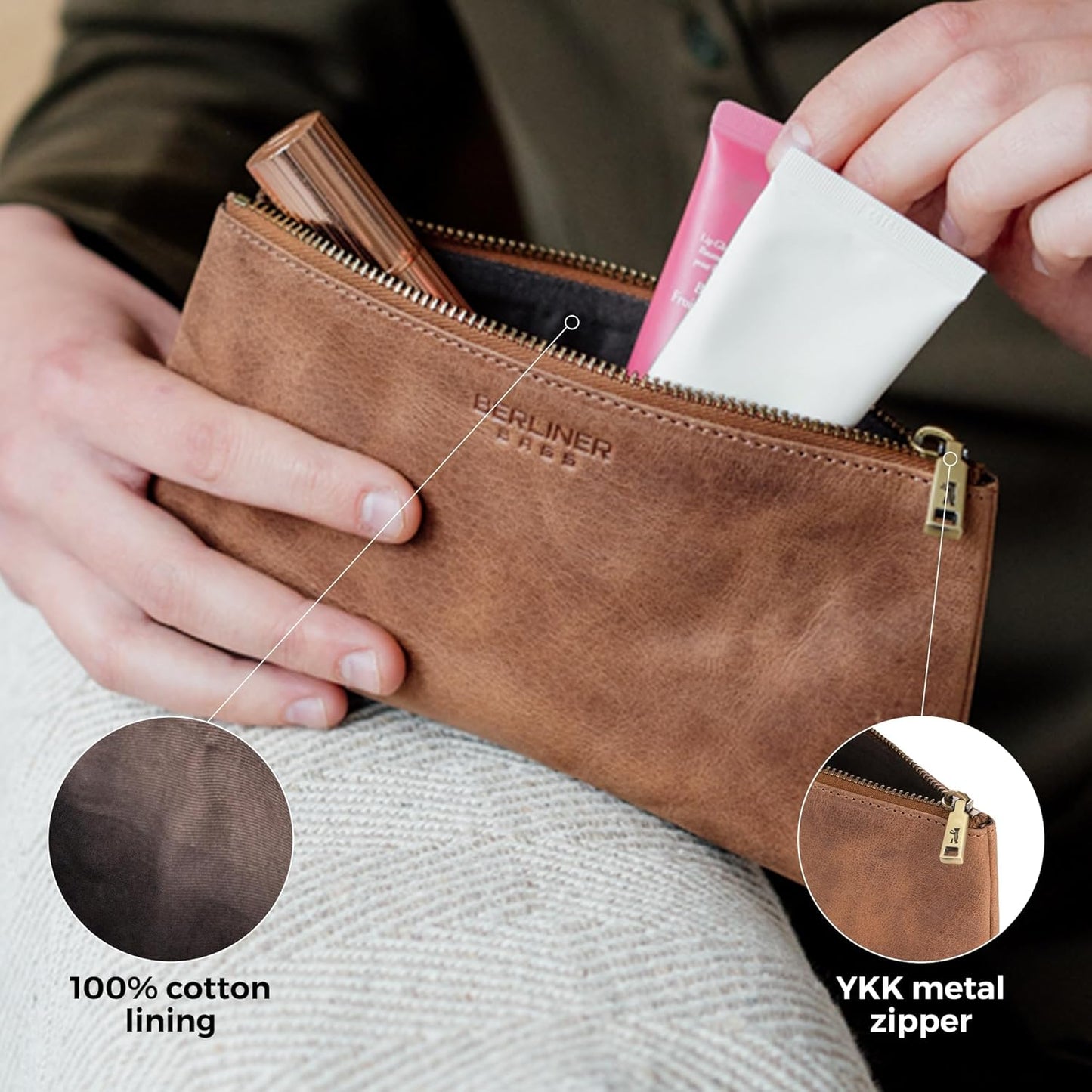 Vintage Genuine Leather Makeup Bag | Anna Cosmetic Pouch for Travel - Brown
