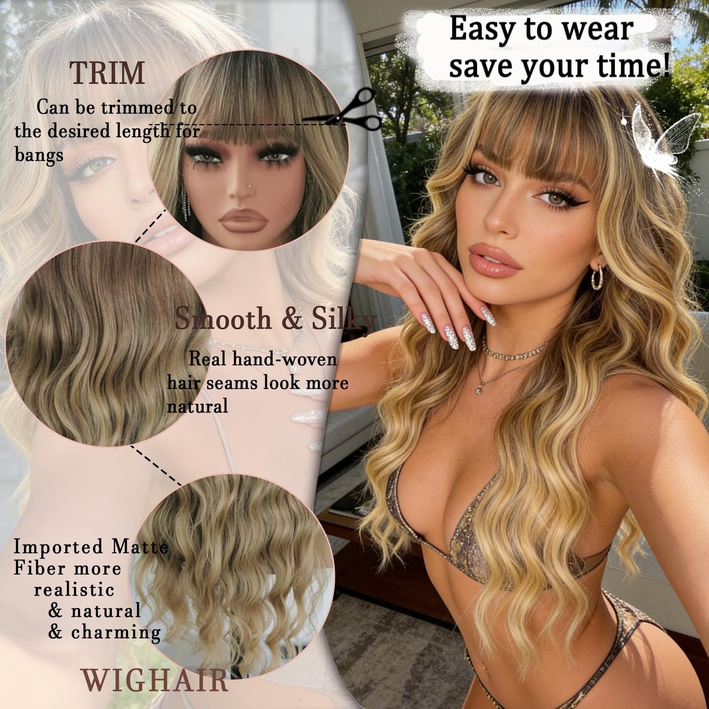 Ombre Blonde Wig with Bangs Long Wavy Wig Curly Wigs for White Women 26 Inches Synthetic Wig Dirty Blonde Wig with Dark Roots Natural Looking Hair Replacement Wigs for Women Holiday Daily Party Use