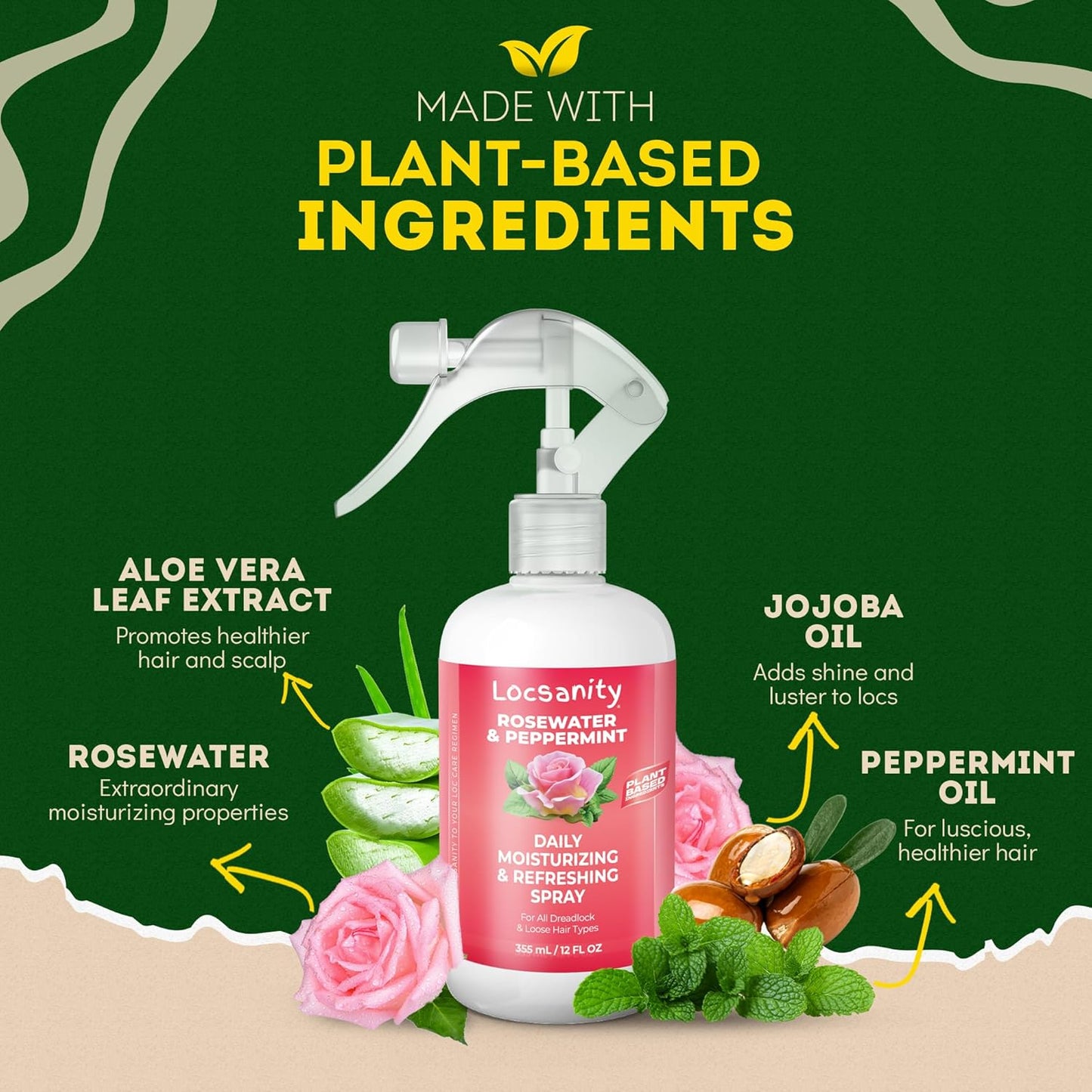 Locsanity Daily Moisturizing Rosewater & Peppermint Spray - Lightweight Frizz Control for Locs & Dreadlocks | Natural Hair & Scalp Moisturizer (12 fl oz)