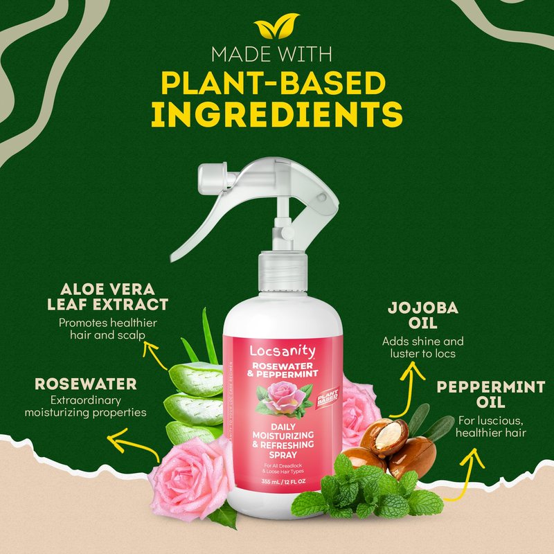 Loc Spray - Locsanity Daily Moisturizing Rosewater & Peppermint Spray for Locs, Dreadlocks - Lightweight Frizz Control Hair & Scalp Moisturizer - Natural Loc Care (12 fl oz)