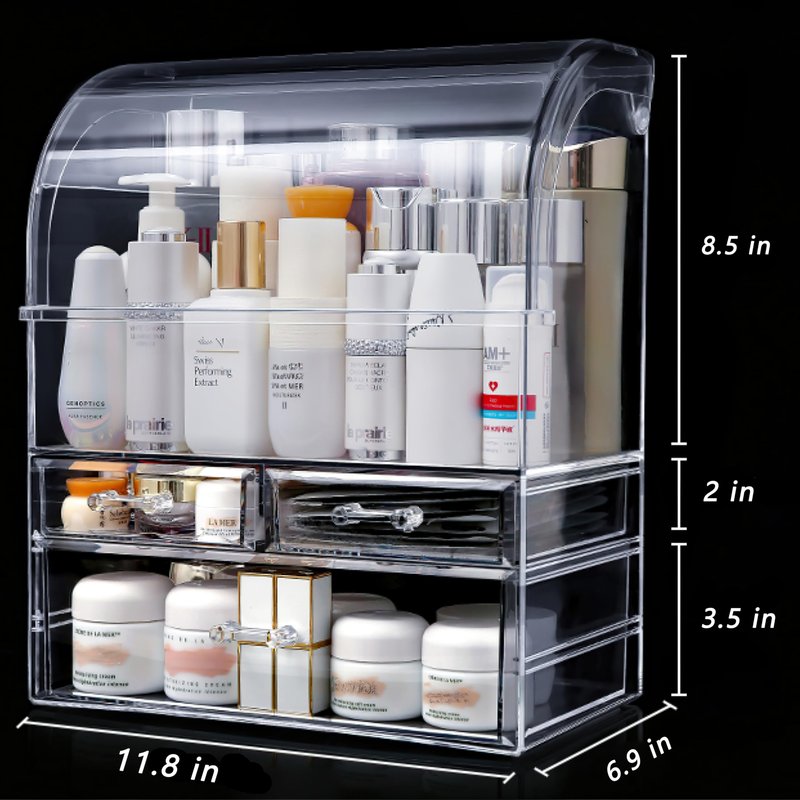 UShioart Clear Large Acrylic Makeup Organizer With Lid Cosmetic Storage Drawers Portable Makeup Organizers Dustproof And Waterproof Box For Women (14in)