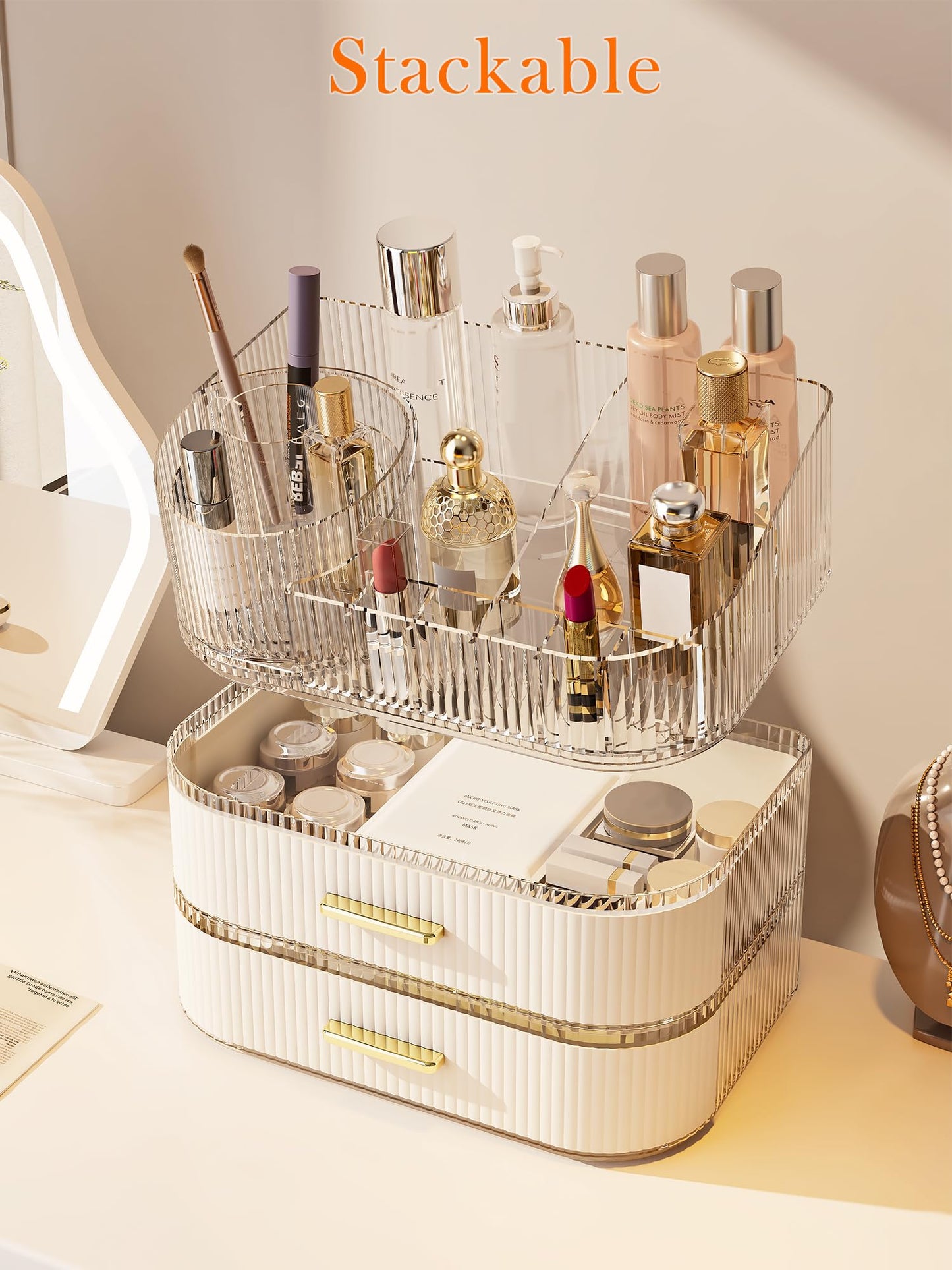 Makeup Organizer with Stackable Drawer, 360 Rotating Makeup Brush Holder, 11-inch Wide Large Cosmetic Display Case, Skincare Organizers and Storage for Dresser, Vanity, Bathroom Countertop