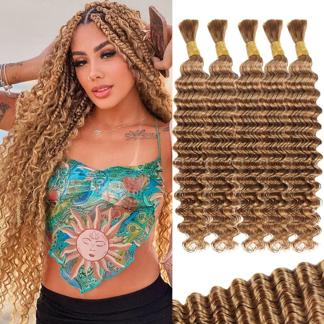 100g 3 bundles Human Braiding Hair Deep Water Wave Bulk 14 Inch P4/27 Curly for Boho Braids Extensions No Weft 3 Braids Per Pack Wet and Wavy Highlight