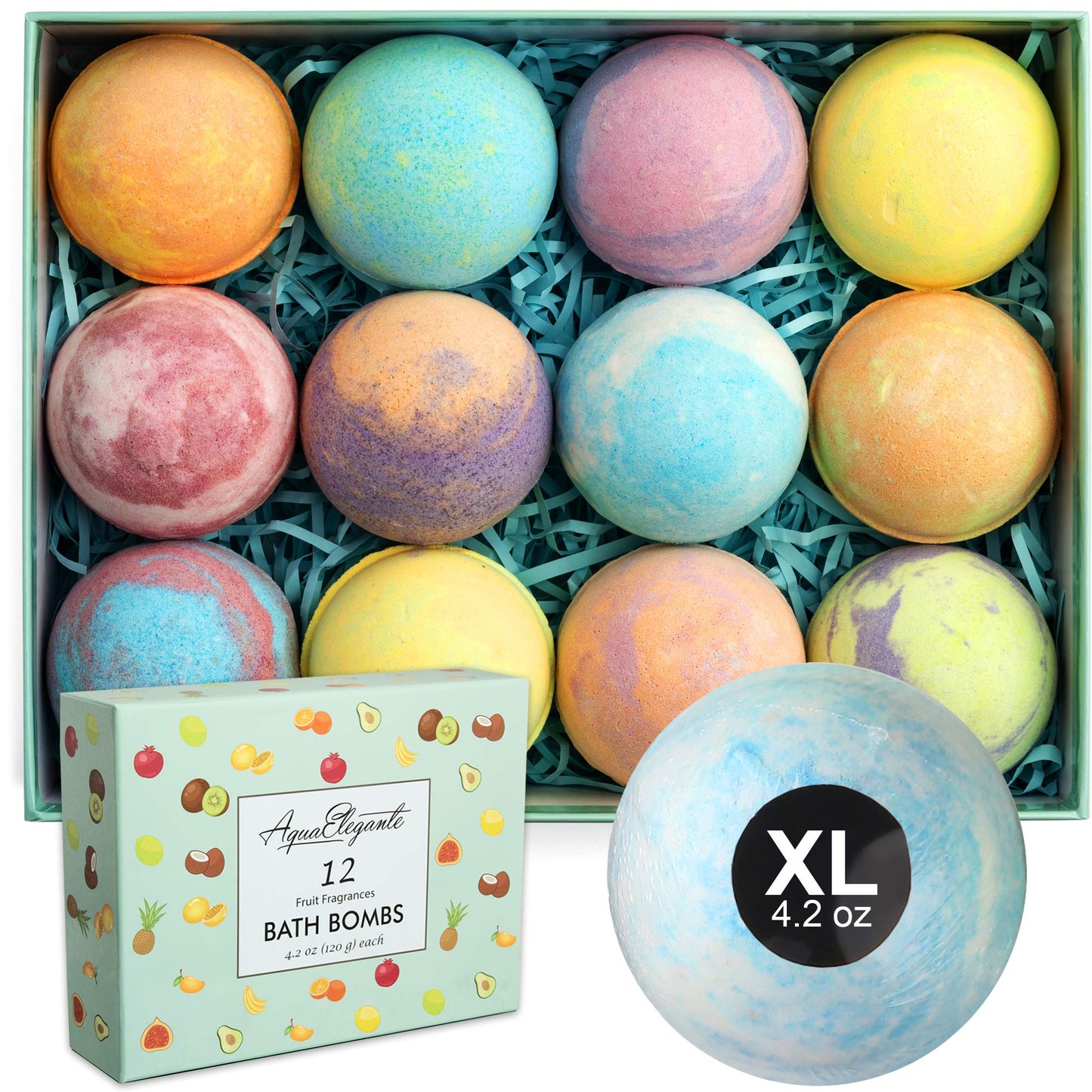 Aqua Elegante Tropical Fruit Bath Fizzies Set - 12 Large Bubble Bathbombs with Natural Essential Oils and Moisturizing Shea Butter + Coconut Oil in Fruity Scents - Vegan Baths Bomb Gifts for Women