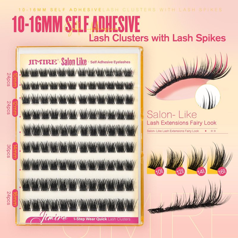JIMIRE Self Adhesive Eyelashes Fluffy Lash Clusters Wispy No Glue Needed Self Adhesive Lash Clusters Reusable Press on Lashes 10-16MM Pre-Glued Eyelash Clusters Easy to Apply 108Pcs Pack