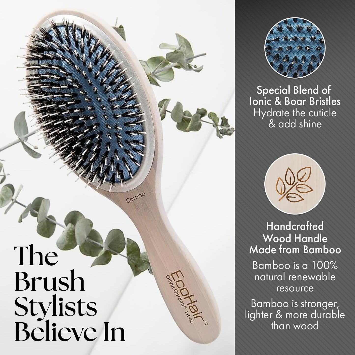 Olivia Garden EcoHair Paddle Bamboo Hair Brush, EH-CO, Combo