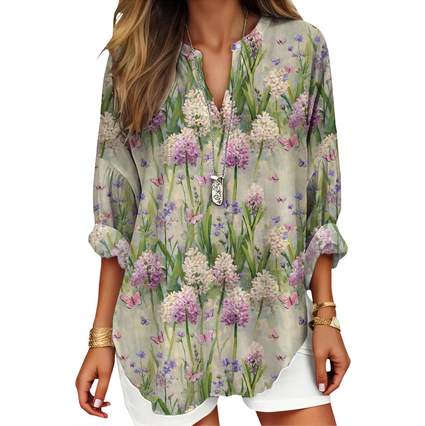 Purple Lavender Shirt for Womens Vintage Long Sleeve Curved Hem V Neck Casual Lightweight Loose Oil Painting Printed Shirts 2025 Trendy Work Tops 2XL