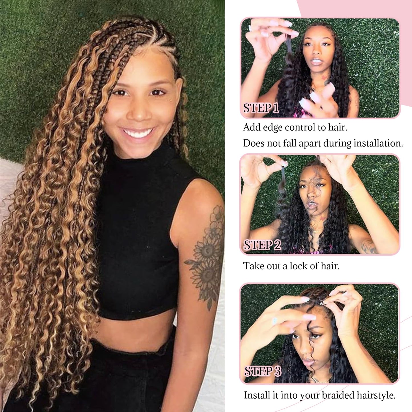 4P27 Human Braiding Hair Ombre Highlight 2 Bundles 100g Bulk for Micro Braiding Wig Wet and Wavy Curly Hair Extensions for Boho Braids Knotless Honey Blonde Deep Water Wave 14 inch