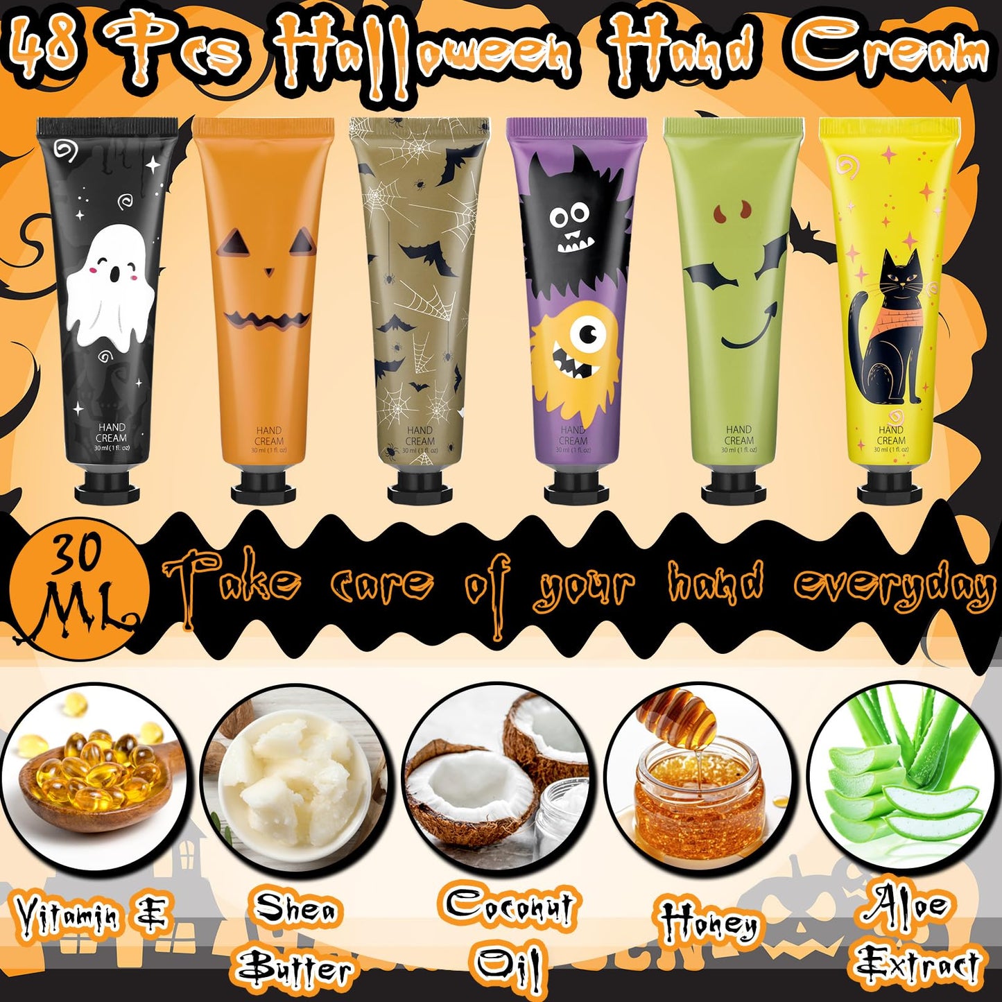 Dansib 48 Pack Halloween Hand Cream Gift Sets for Women Mini Hand Lotion Bulk Travel Size Moisturizing Cream Halloween Party Favors Gifts for Stocking Stuffers 6 Natural Plant Fragrances (Classic)