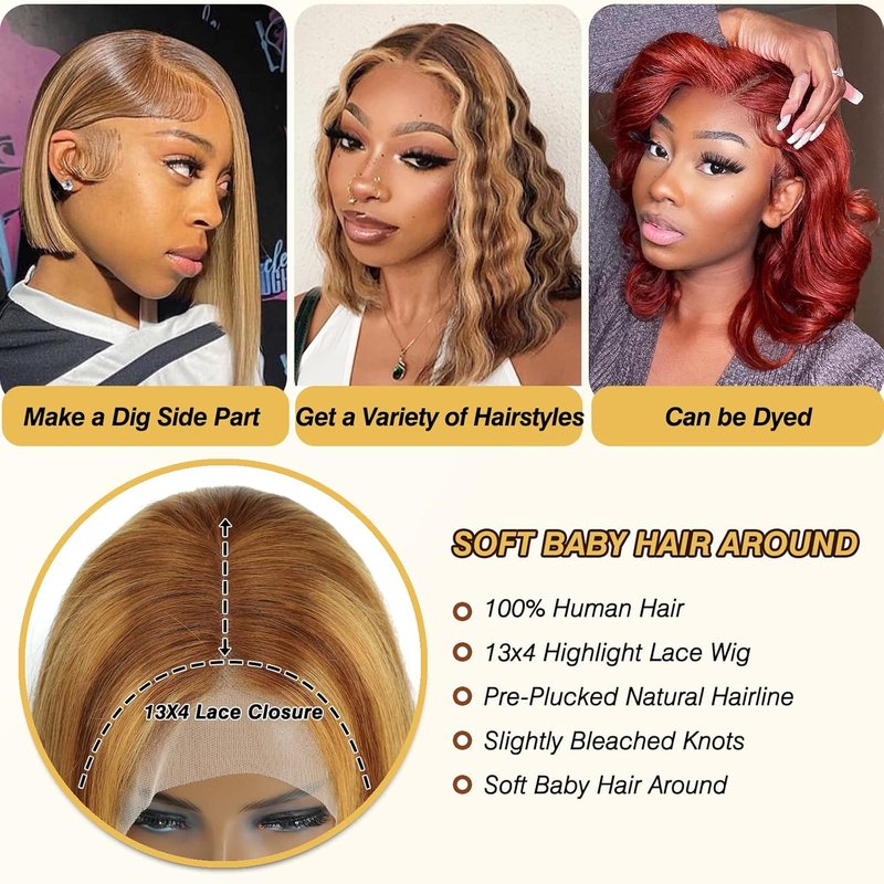 Highlight Ombre Lace Front Wig - 10 Inch Human Hair Bob Wig for Black Women | 150% Density, 13x4 Transparent Lace