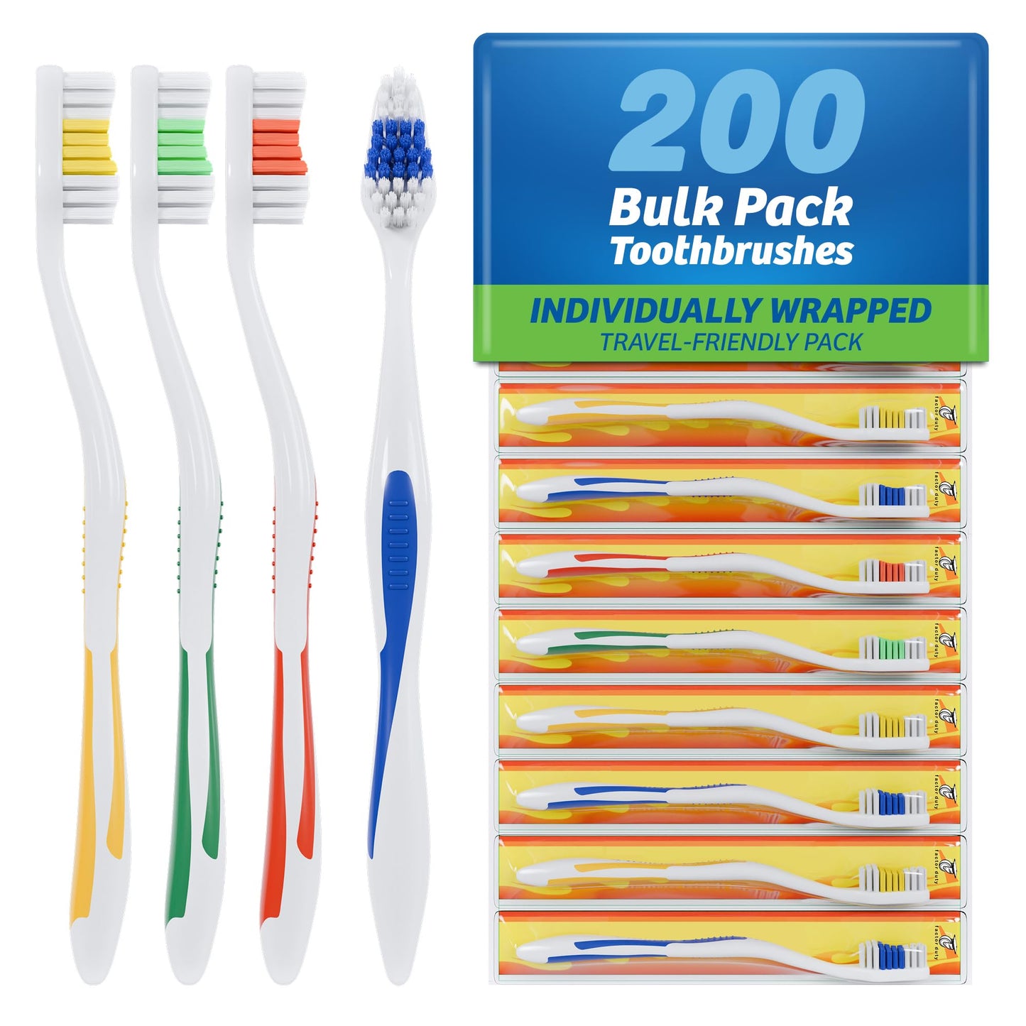 FactorDuty 200 Pack Toothbrush Standard Classic Medium Soft Toothbrush Bulk Individually Wrapped