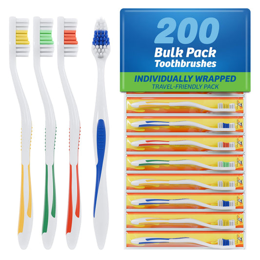 FactorDuty 200 Pack Toothbrush Standard Classic Medium Soft Toothbrush Bulk Individually Wrapped
