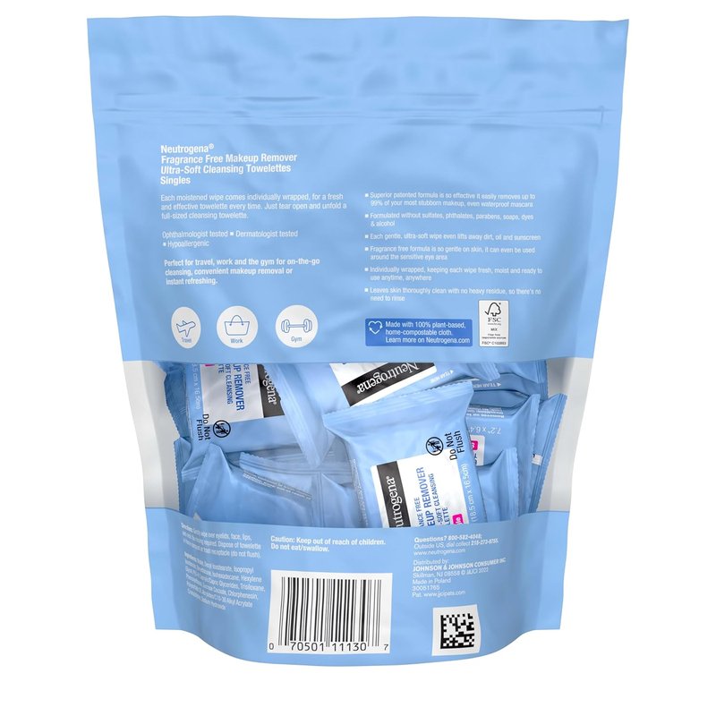 Neutrogena Makeup Remover Wipes - Fragrance-Free, Alcohol-Free | 20 Individually Wrapped Towelettes for Travel