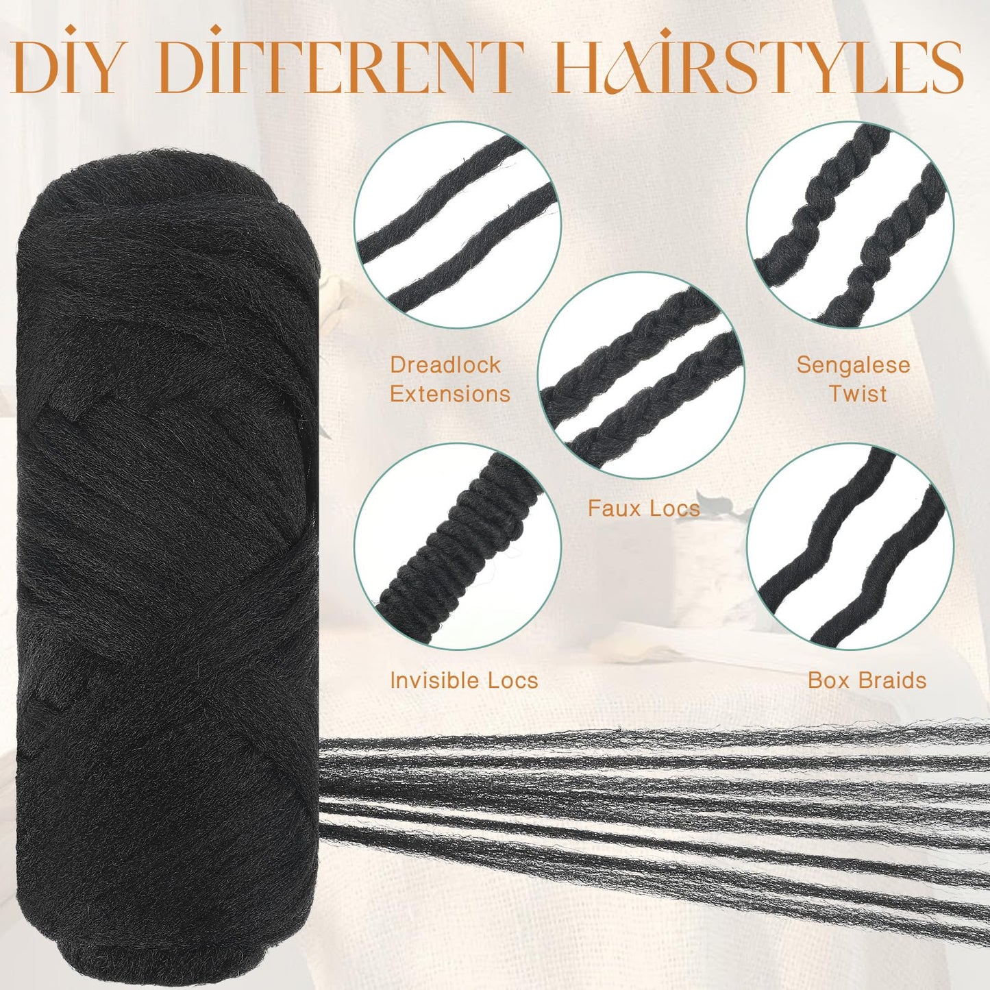 Knitgrip 16 Roll Natural Black Brazilian Wool Hair Acrylic Yarn for African Crochet Braiding Hair Senegalese Twisting Knitting Hair Braids Jumbo Braids Faux Locs Spiral Braids