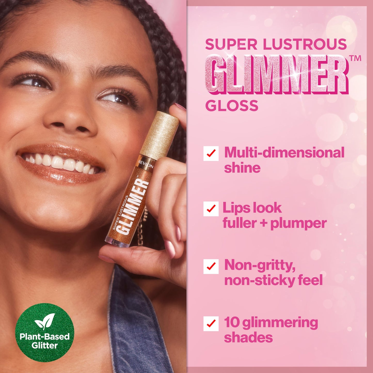 REVLON Super Lustrous Glimmer Gloss, Non-Sticky Hydrating Lip Gloss, High-Shine Sheer Shimmery Finish, Plant-Based Glitter, 004 Happy Hour, 0.13 fl oz