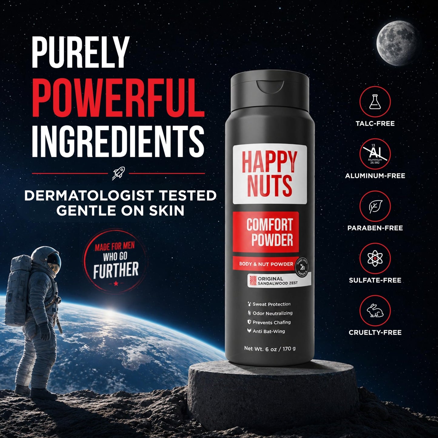 HAPPY NUTS Comfort Powder Deodorant For Men: Anti-Chafing Sweat Defense, Odor Control, Aluminum-Free, 6 oz (3 Pack), Original Scent
