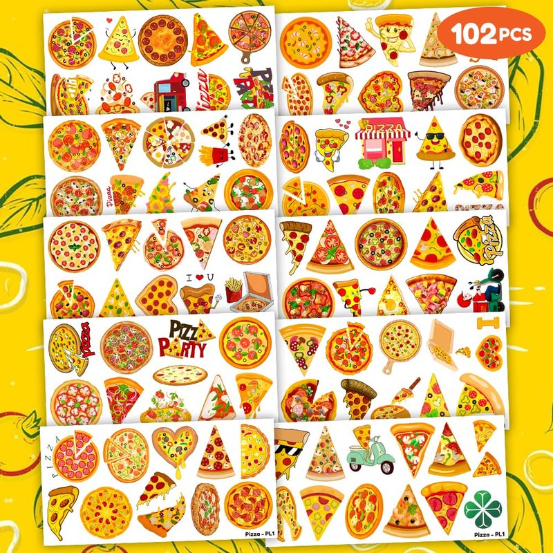 Pizza Temporary Tattoos - 102 PCS Cute Pie Slice Stickers for Birthday Party Favors | Fun Fast Food Décor for Kids