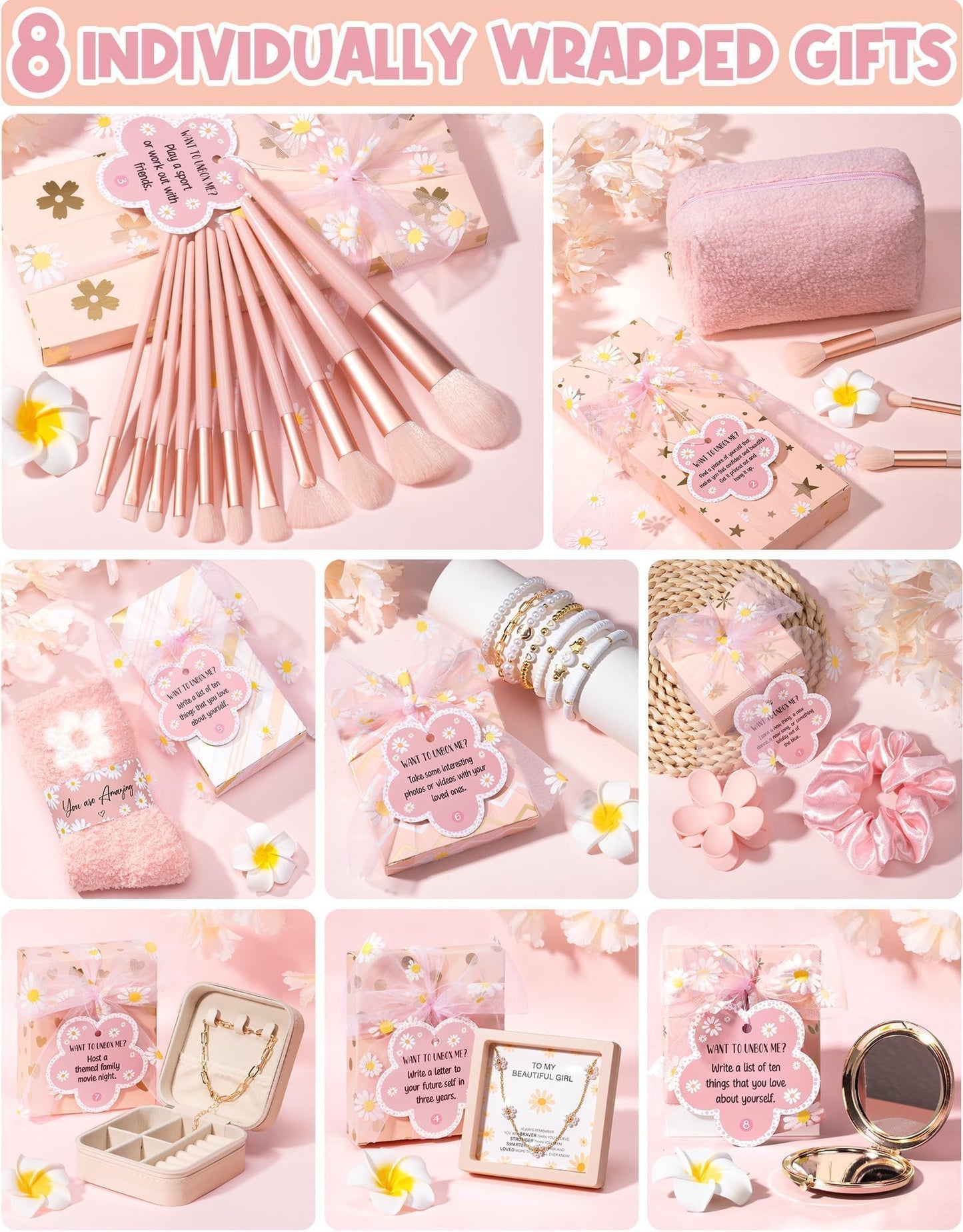 Easter Basket Gifts for Tween & Teen Girls, 8 PCS Birthday Gift Teenage Girl Gifts Trendy Stuff w/Fun Task Tag Makeup Brushes & Bag, Empower Positive Wrapped Gift Prefilled Stuffers for Daughter Niece