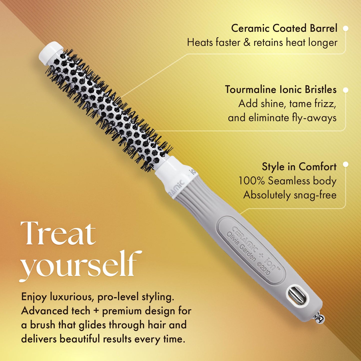 Olivia Garden Ceramic + Ion Round Thermal Hair Brush - Not Electrical - Professional Blowout Brush for Normal to Thick Hair - 0.5"-Diameter Barrel - White and Grey - CI-15