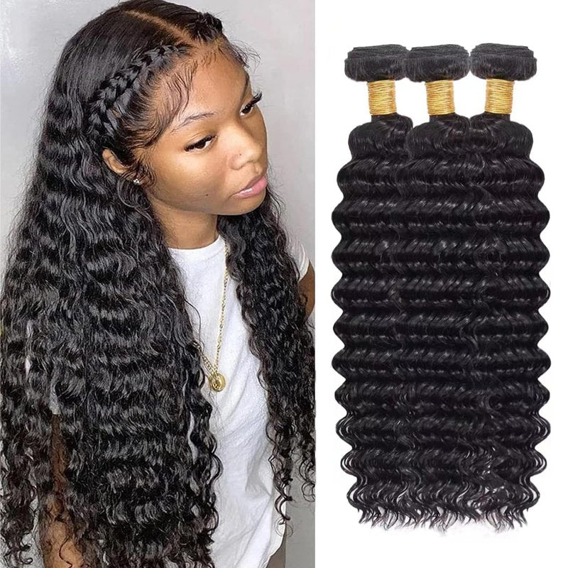 Deep Wave Human Hair Bundles - 100% Unprocessed Brazilian Virgin Hair | 10, 12, 14 Inch Natural Black Extensions