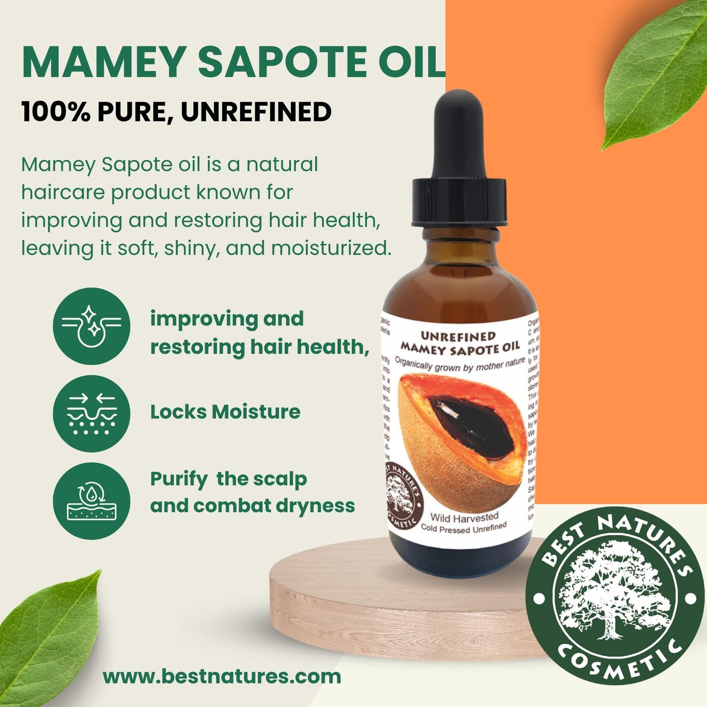 Best Nature's Cosmetics Mamey Sapote Oil Organic - revitalize dry skin and hair with deep moisture and frizz control. For curly, wavy hairs. 4 fl oz / 120ml