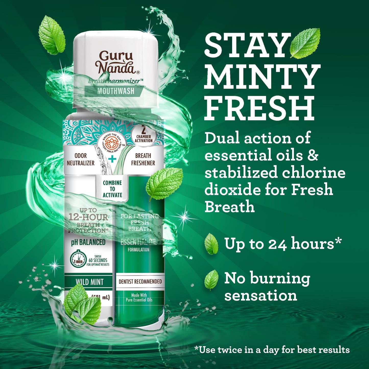 GuruNanda Dual Barrel Breath Harmonizer Mouthwash - Freshens Breath - Alcohol & Fluoride Free with Sodium Chlorite & Essential Oils - Wild Mint Flavor, 3 Pack