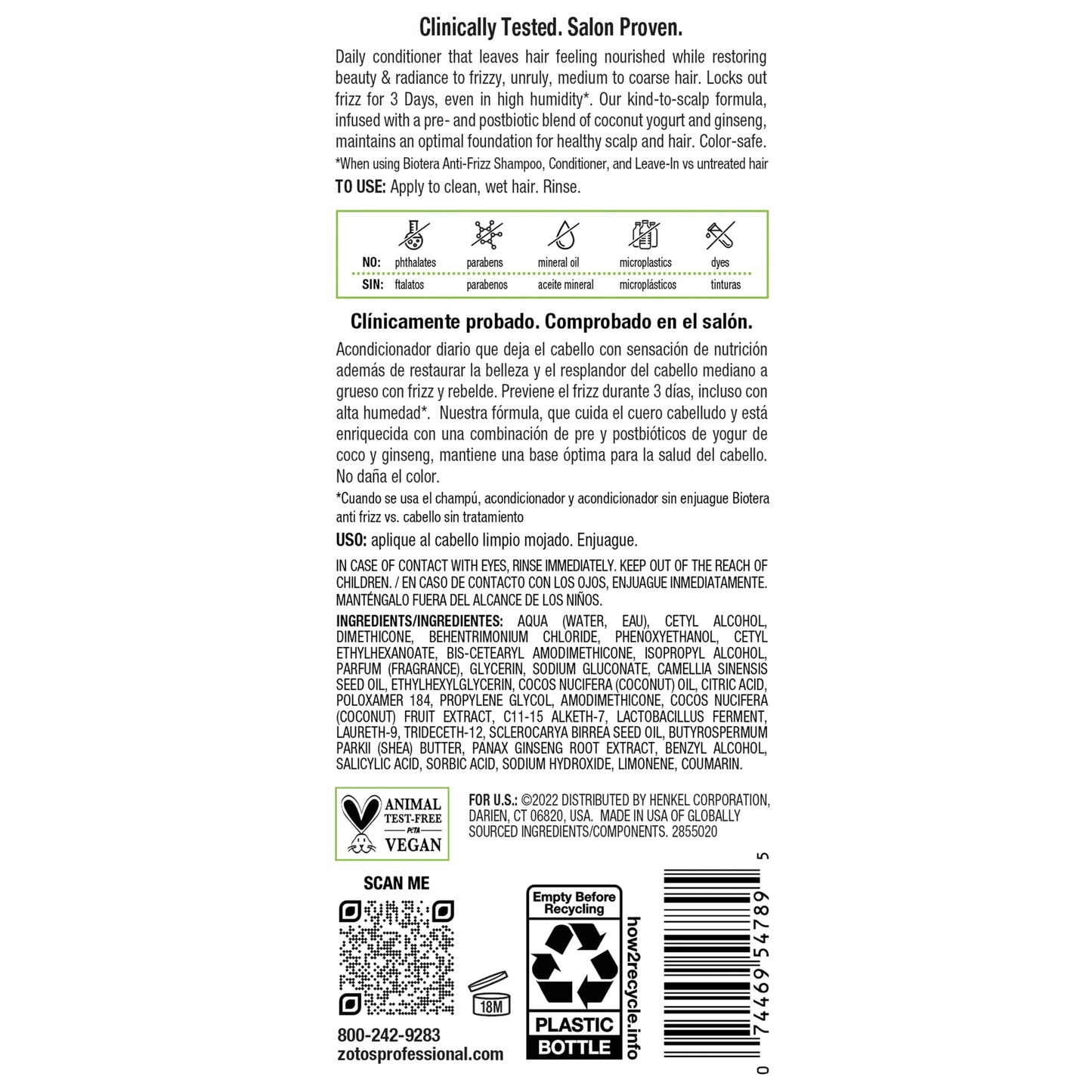 Biotera Anti-Frizz Smoothing Conditioner for Frizzy, Unruly Hair - Smooths & Controls Frizz with Coconut & Camellia Seed Oil, Enhances Shine & Softness, Color-Safe, Vegan, 32 Fl Oz