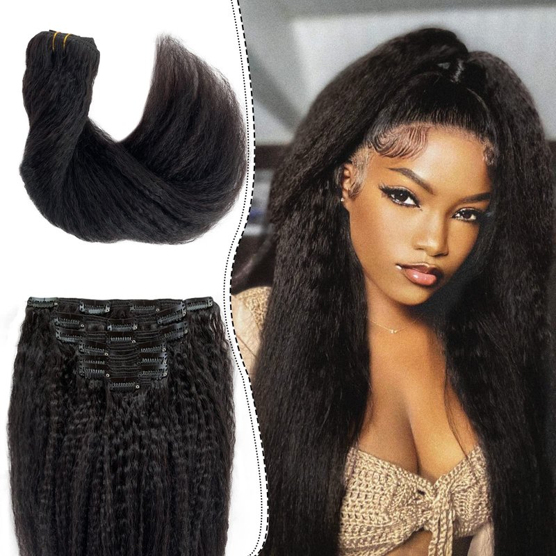 OiMiGO Real Hair Extensions, Natural Black Kinky Straight Clip in Extensions Brazilian Human Hair Clip ins Extension for Black Women 7 Pieces 14 Inch 120g