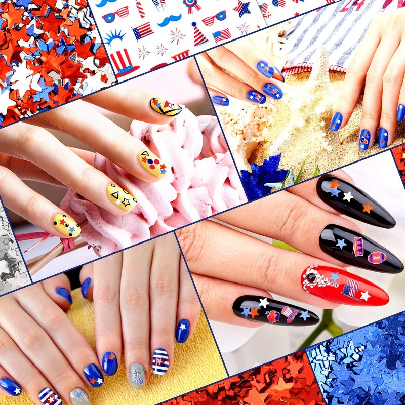 Maitys 12 Sheets 4th of July Nail Stickers with 12 Boxes Sequins 250th Anniversary Independence Day Decals 3D Self-Adhesive Patriotic Flag Nail Stickers for Women Manicure Supplies for Women Girls