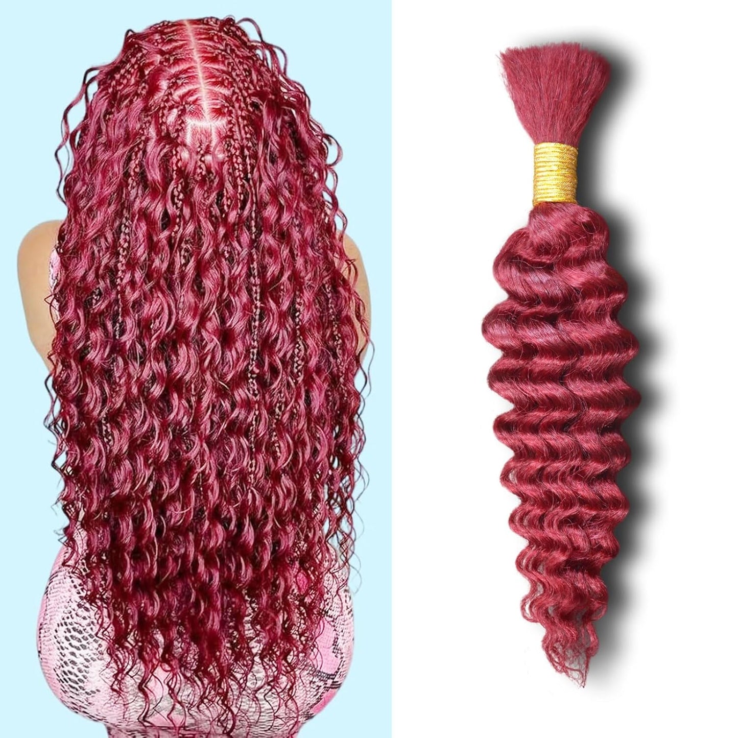 Deep Curly Wave Bulk Human Hair - 99J Burgundy 50g Unprocessed Brazilian Virgin for Boho Braids | Wet & Wavy