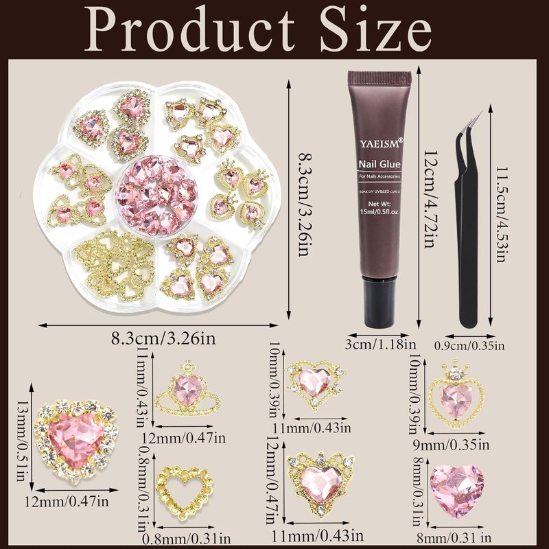 3D Pink Heart Nail Charms Kit - Shiny Gold Nail Gems & Rhinestones | 7 Unique Shapes for DIY Nail Art