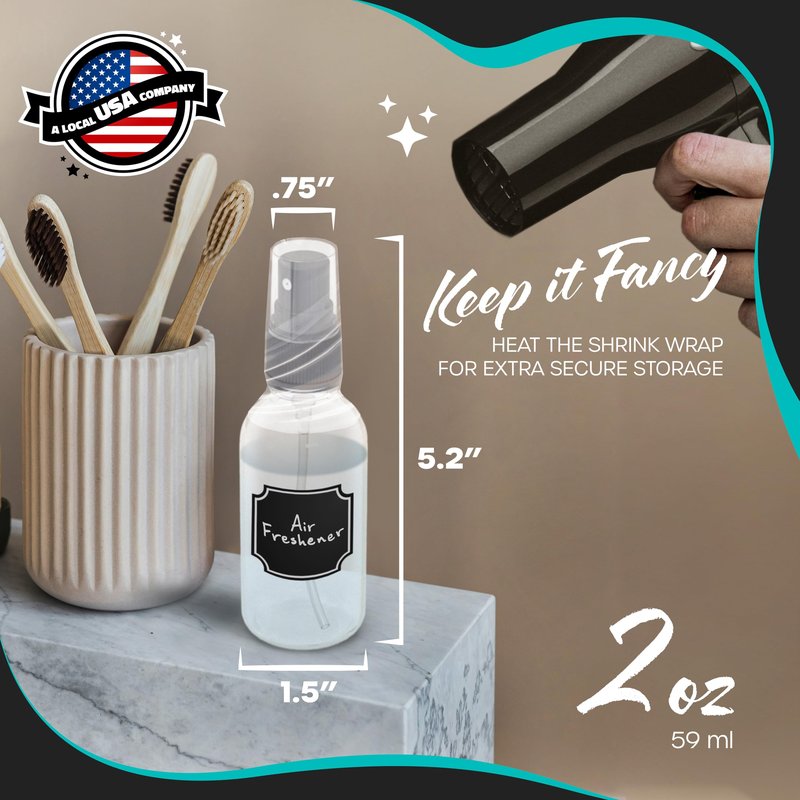 Nevlers Clear Glass Small Spray Bottle 2 Oz 24 PK | Small Travel Spray Bottle Set w/Shrink Wrap, Funnel, Brush, Marker & Labels | Hair, Face & Body Spritzer Bottles | Small Atomizer Fine Mist Sprayer