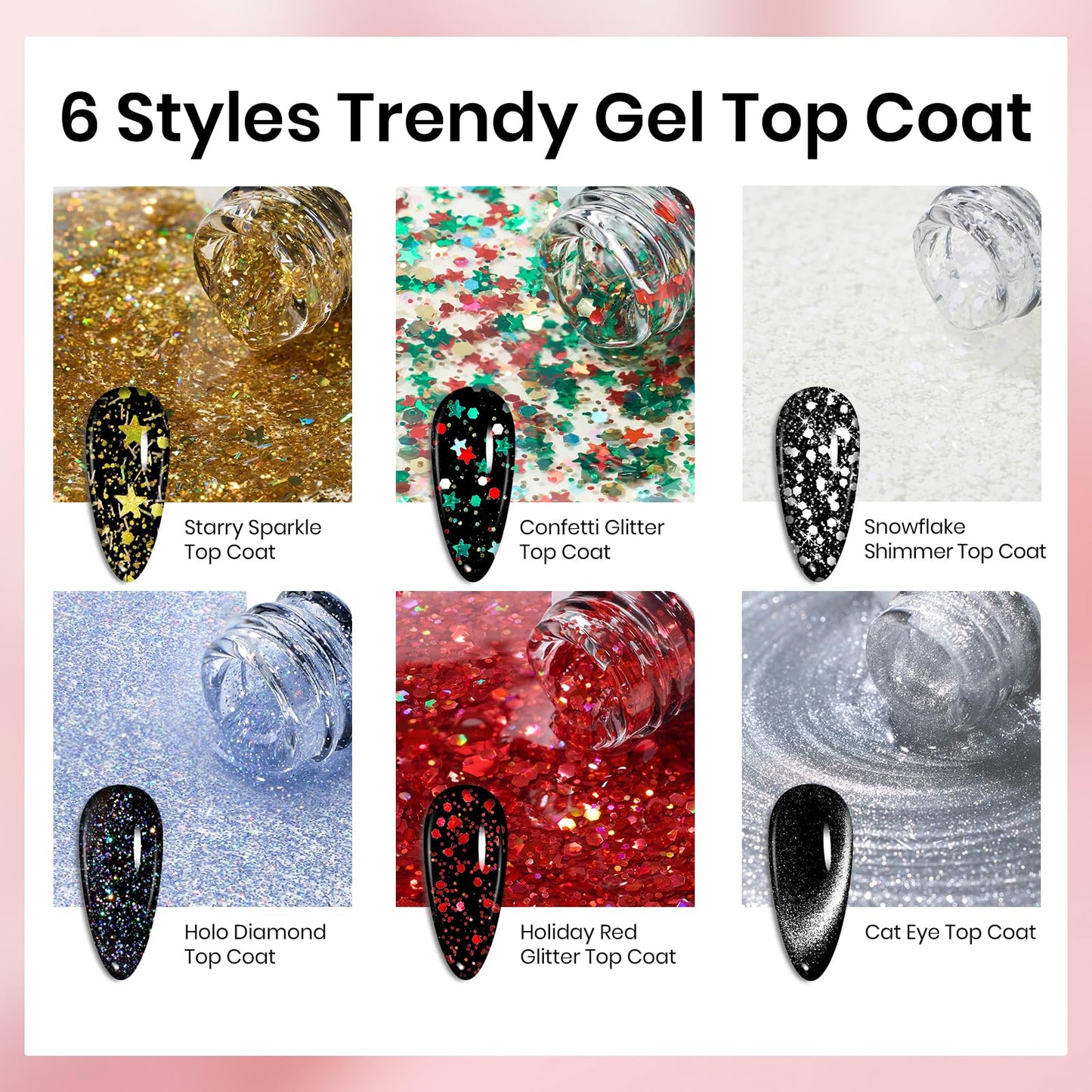 Beetles Glitter Gel Top Coat Set, 6Pcs 10ml Sparkle Glitter Cat Eye Top Coat Gel Nail Polish No Wipe Long Lasting Soak Off U V LED Manicure Salon DIY Gifts for Women