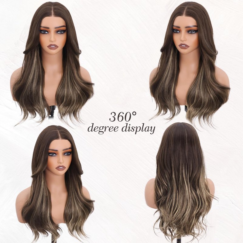 WECAN Brown Mixed Blonde Glueless Wigs Synthetic Lace Front Wigs 13x4 Pre Plucked Pre Cut Blonde Highlight Wavy Wig