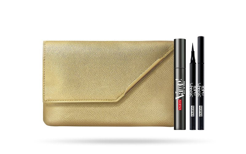 Pupa Vamp! All In One And Skinny Liner Set - Spectacular Volume Mascara - Suitable For Sensitive Eyes And Contact Lens Wearers - Ultra-Slim Eyeliner Pen - Clutch Bag With Metallic Detail - 3 Pc Kit