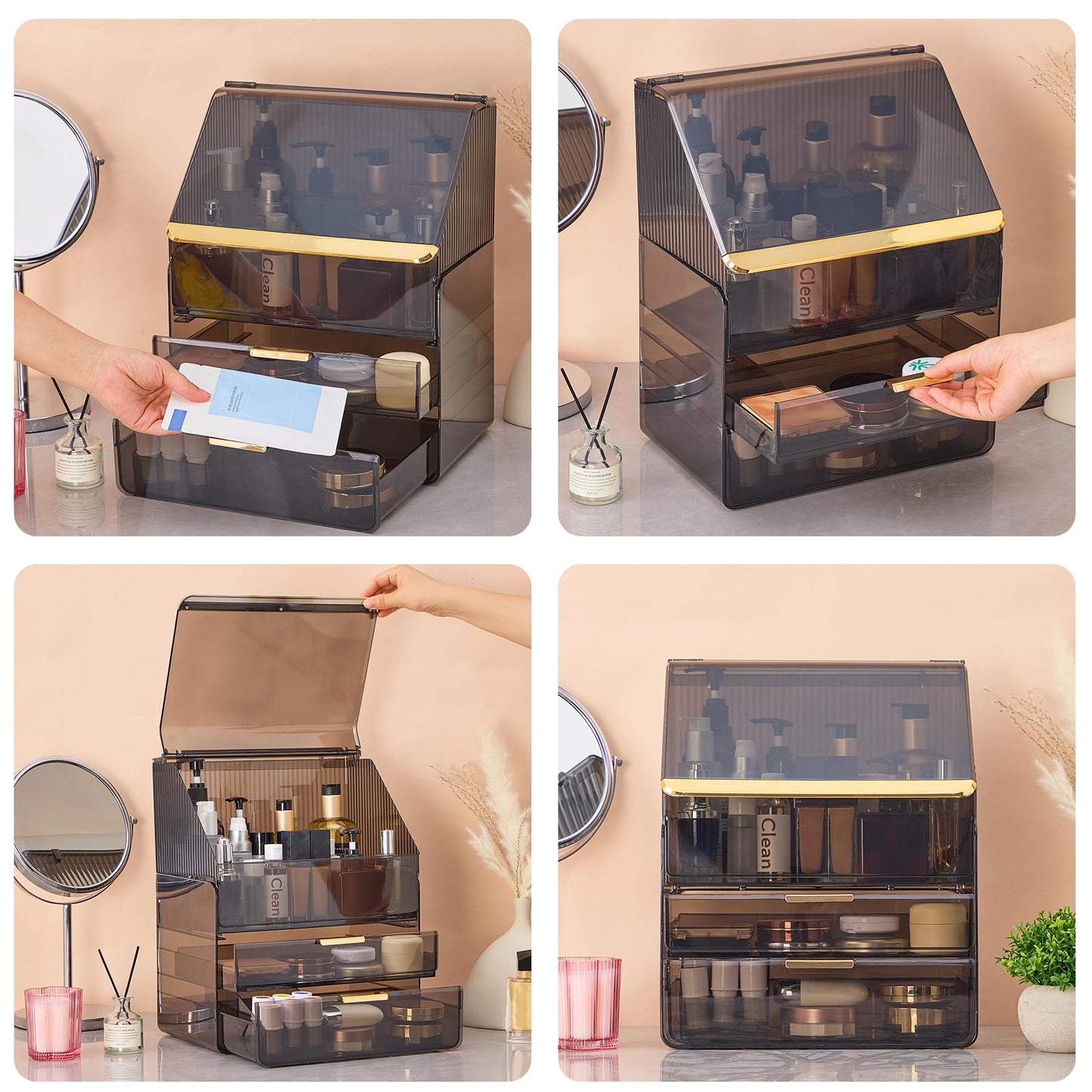 Large Cosmetic Organizer with Lipstick Holder Fully Transparent with Drawers, Dustproof Waterproof Bathroom Counter Storage for Skincare Lipstick Makeup Brushes(White)