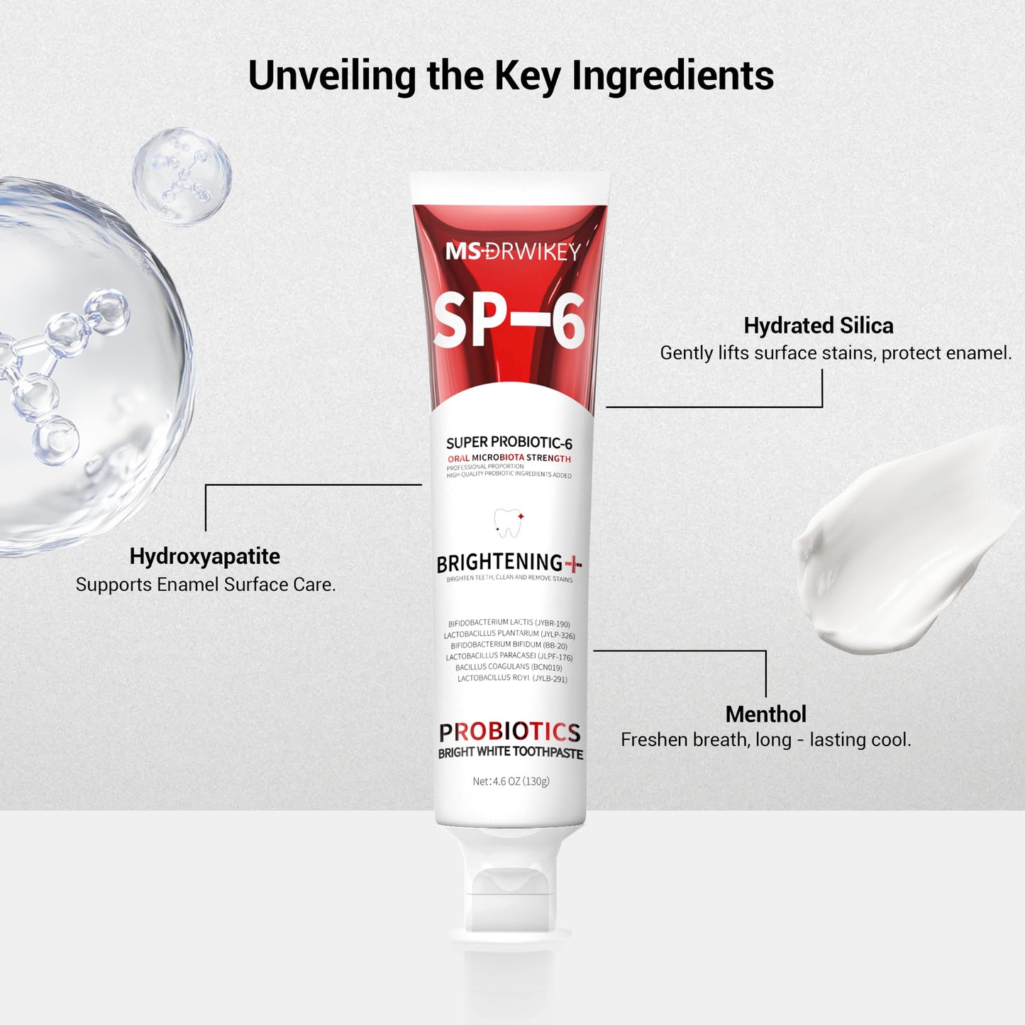 MSDRWIKEY SP-6 Probiotic Whitening Toothpaste - Enhanced Formula with 6 Probiotics for Teeth Whitening and Gum Health - Enamel-Safe, Fluoride-Free, Fresh Mint Flavor, 4.6oz (3)