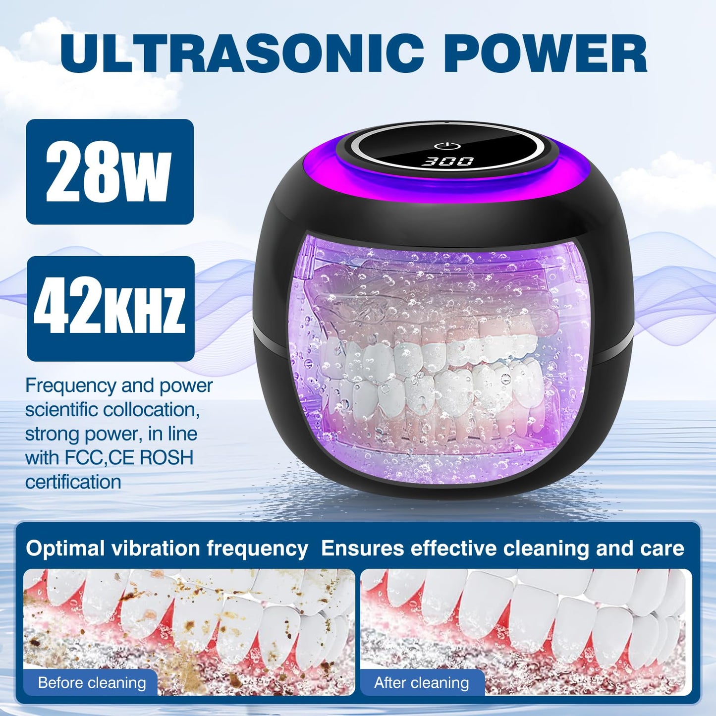 Ultrasonic Retainer Cleaner Machine - Professional 42KHz Dental Cleaning Pod for Dentures, Aligners, Night Guards & Jewelry - 180ml Sonic Cleaner